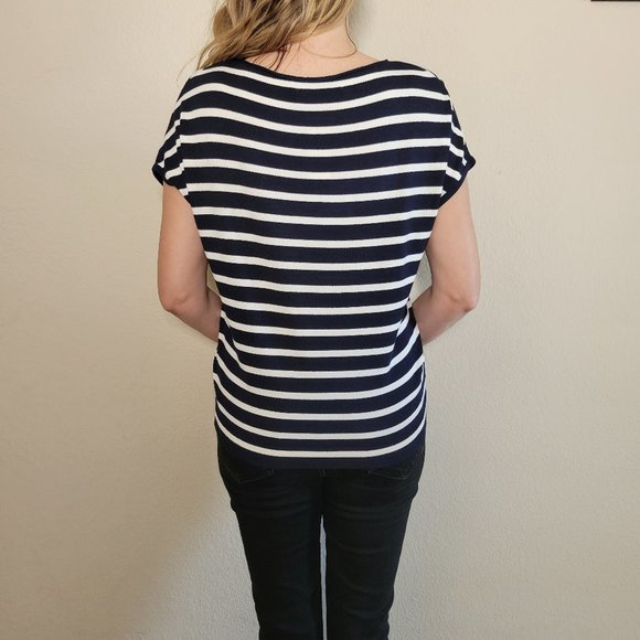 LOFT Top Womens Small Blue White Navy Stripe Cap Sleeve Sweater Shirt Blouse - Picture 6 of 8